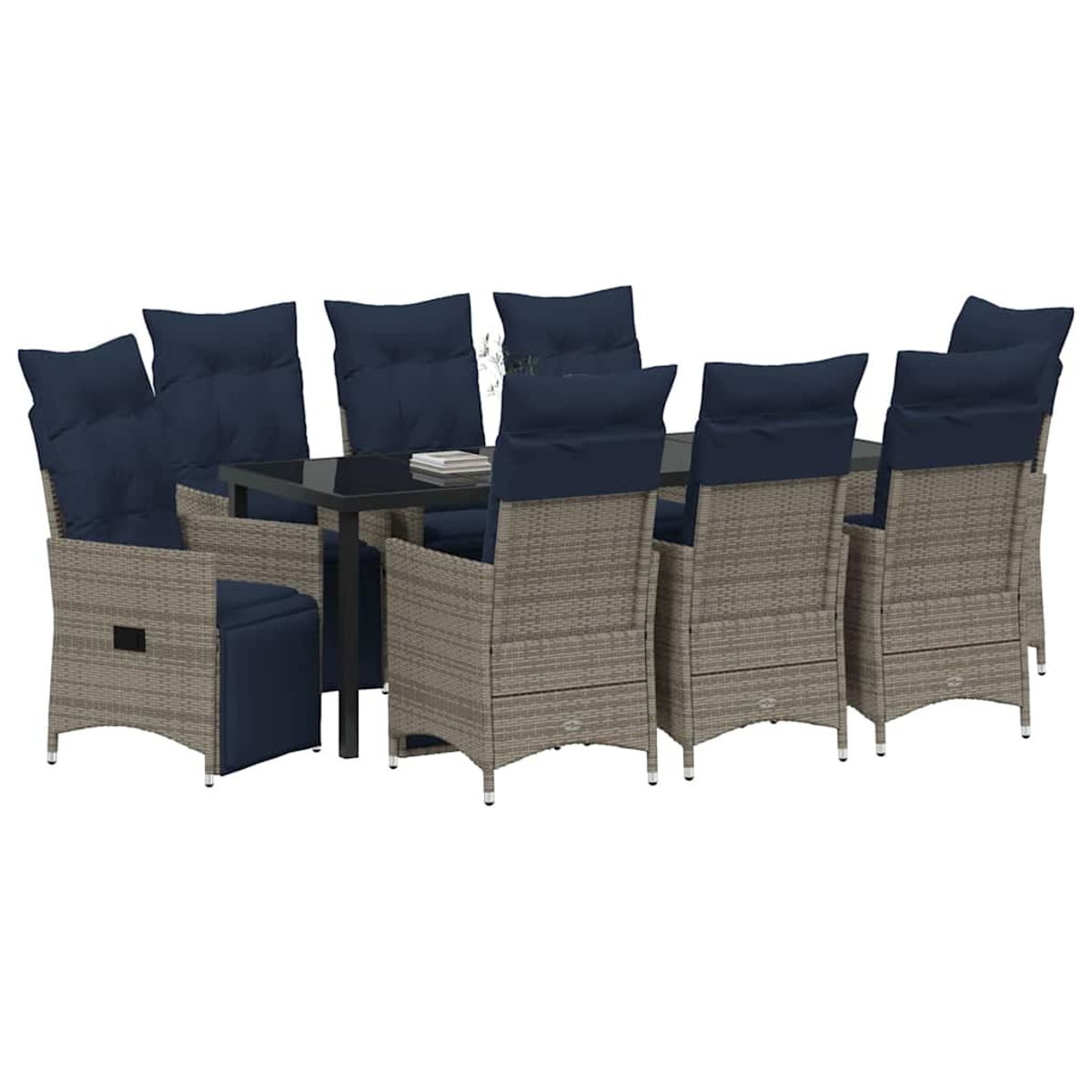 Ein Esstisch-Set mit einem rechteckigen schwarzen Tisch und acht gewebten Stühlen mit blauen Kissen, auf weißem Hintergrund.