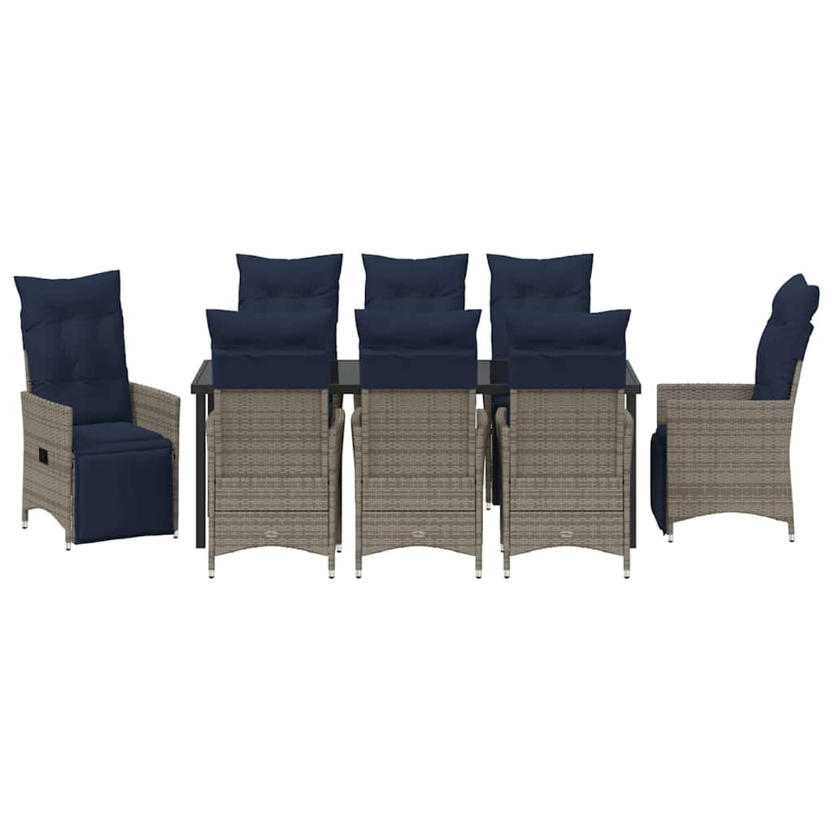 Essgruppe für draußen: Tisch mit Glasplatte und sechs Stühlen mit blauen Kissen, aus Korbmaterial.