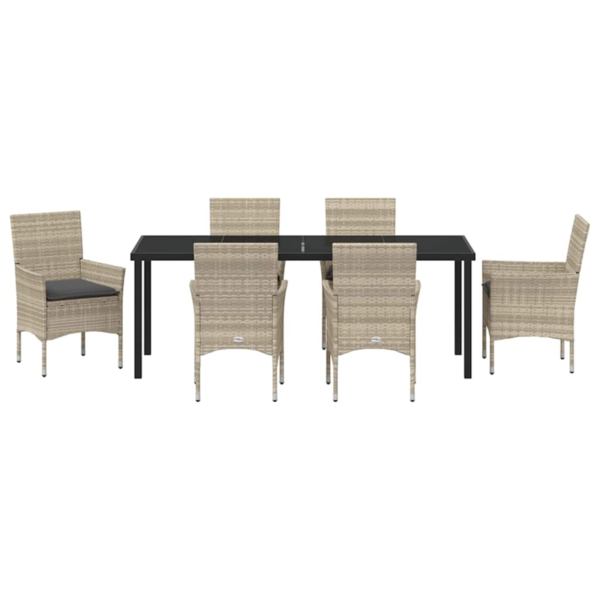 Ein Ess-Set mit einem schwarzen Tisch und sechs geflochtenen Stühlen. Die Stühle sind beige und der Tisch hat schwarze Beine. Der Hintergrund ist weiß.