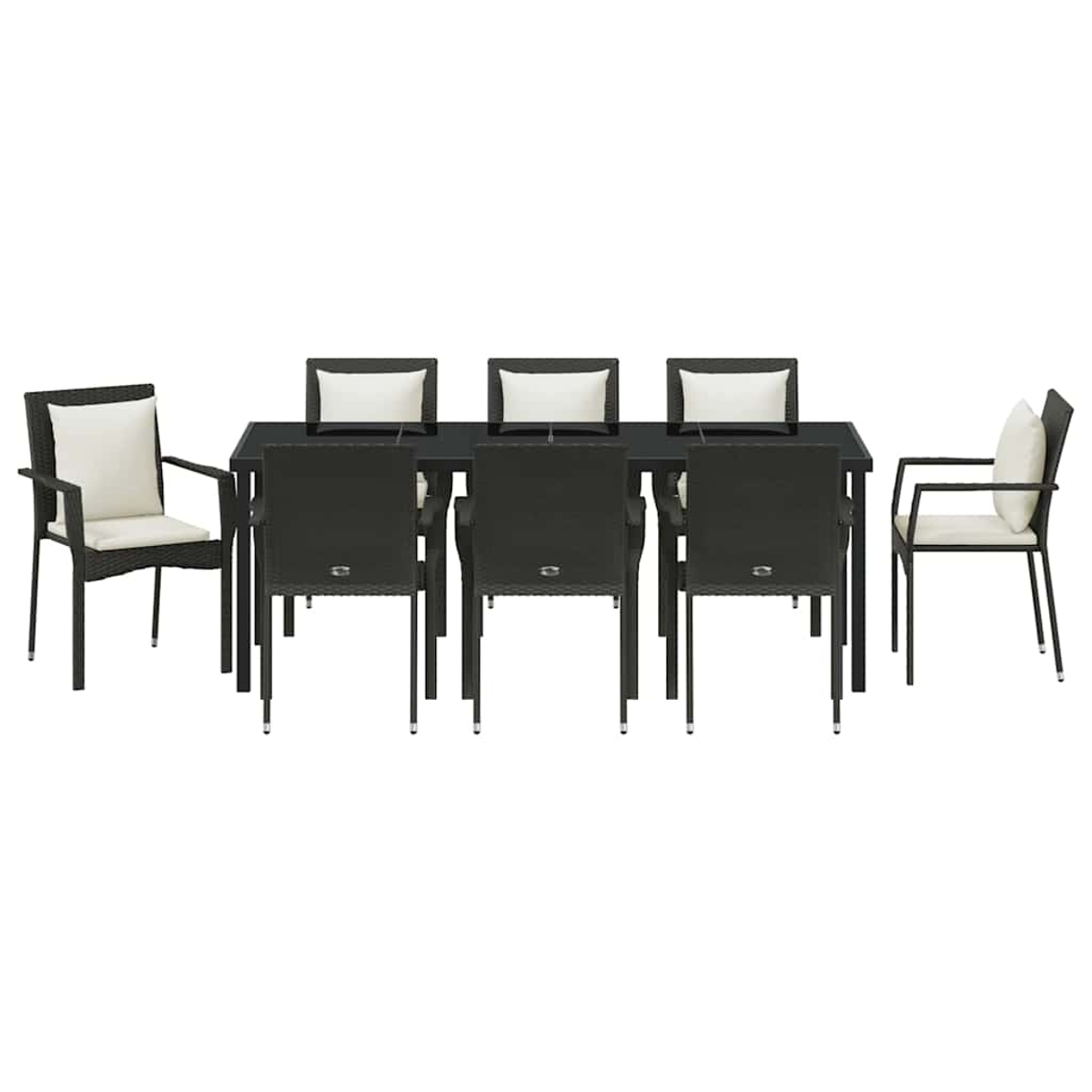 Ein schwarzes Ess-Set für den Außenbereich mit einem rechteckigen Tisch und sechs Stühlen, jeweils mit einem weißen Kissen.