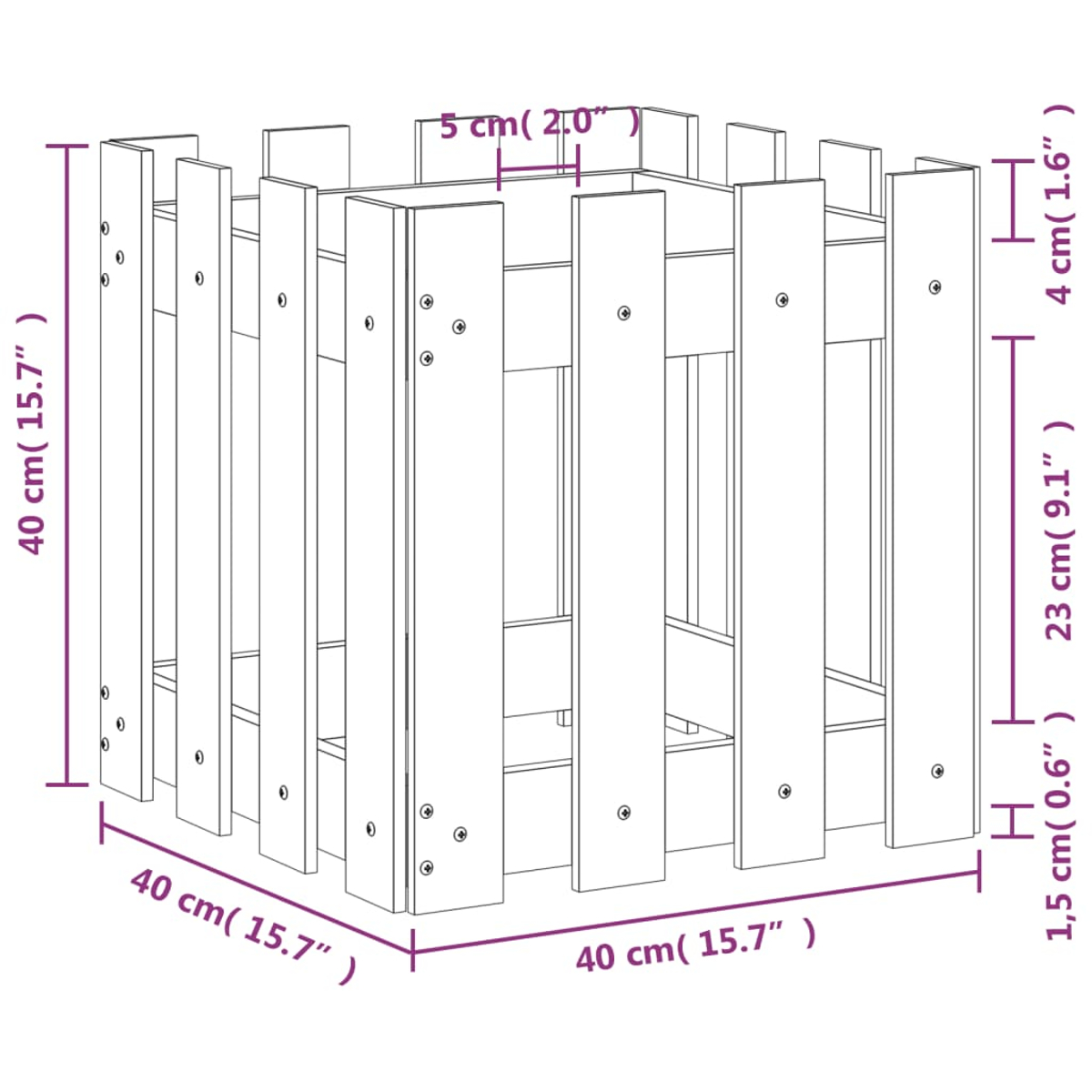 Ein weißer quadratischer Holzpflanzer mit Maßen in cm und Zoll. Vertikale Lamellen bilden die Seiten. Messungen sind angegeben.