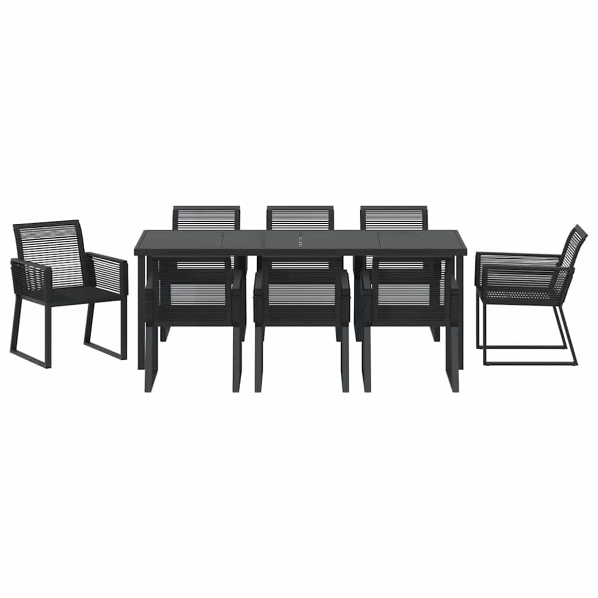 Un set da pranzo nero per esterni su sfondo bianco. Include un tavolo rettangolare e sei sedie con sedute e schienali intrecciati.