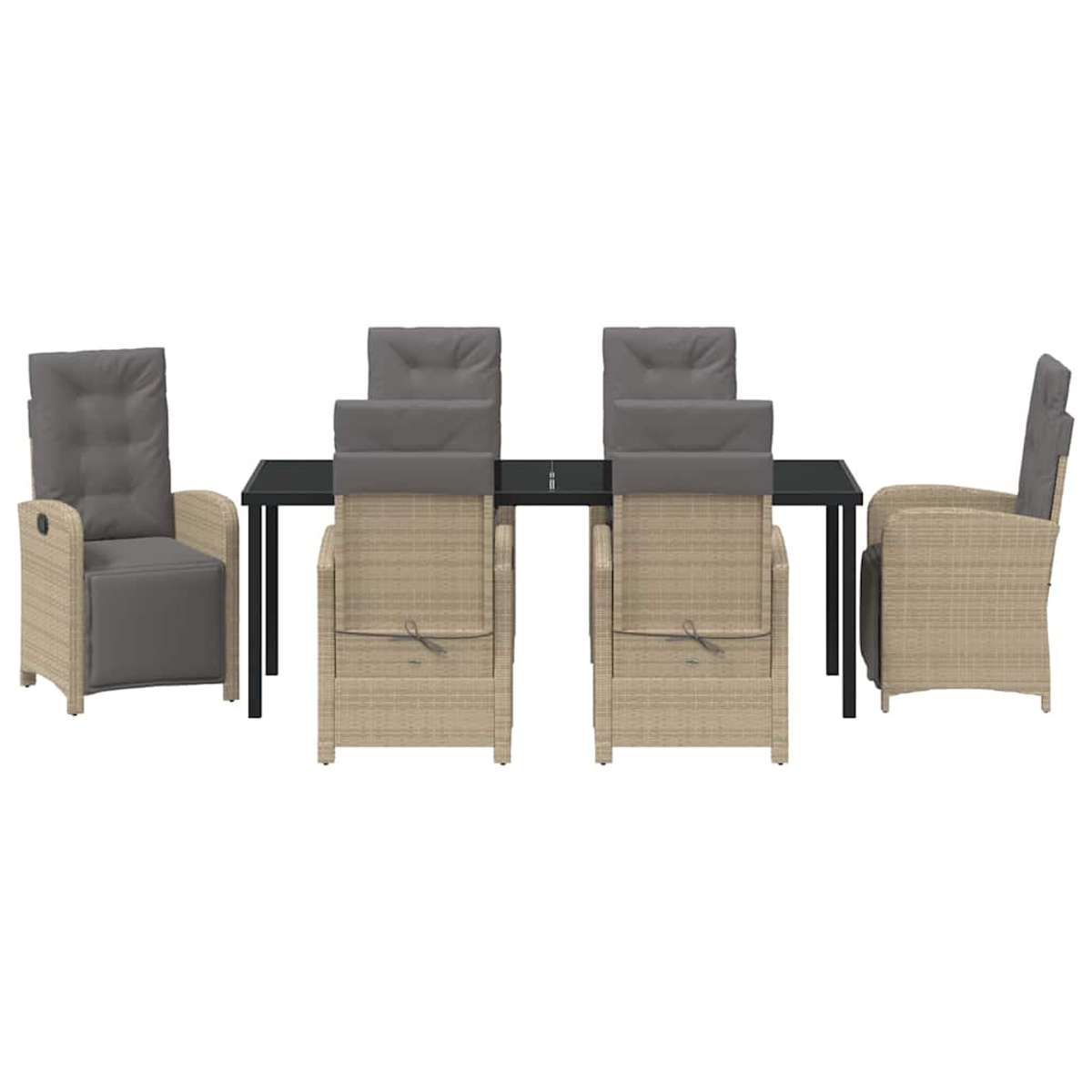 Essgruppe für draußen. Schwarzer Tisch mit vier Stühlen und zwei Sesseln. Stühle sind beige mit grauen Kissen.