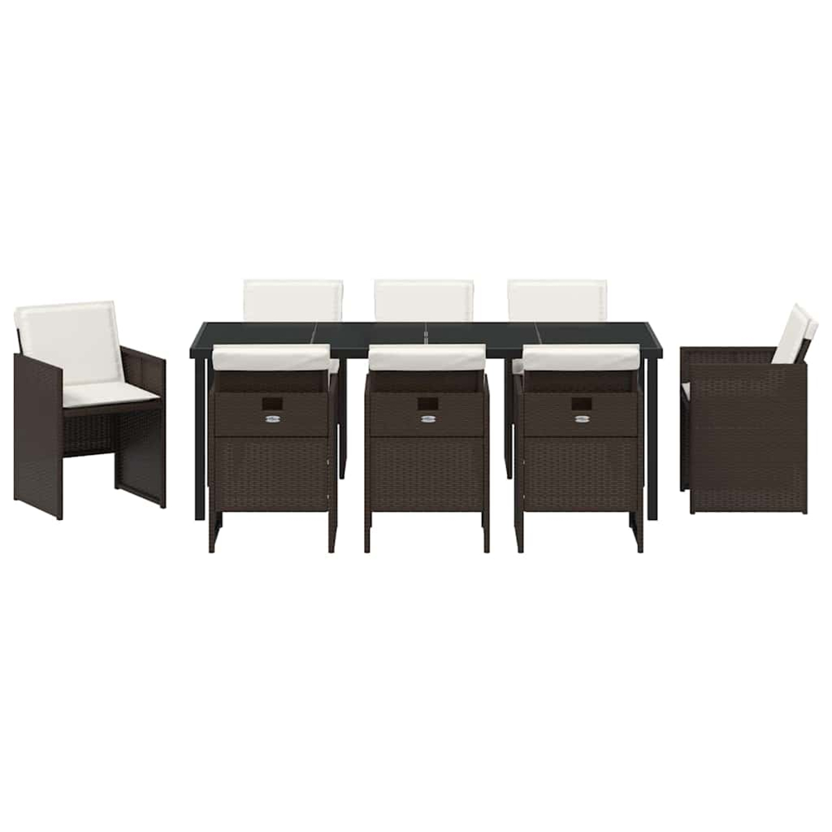 Ein Ess-Set mit einem rechteckigen Tisch und sechs Stühlen. Die Stühle sind braun gewebt mit weißen Kissen und schwarzen Tischbeinen.