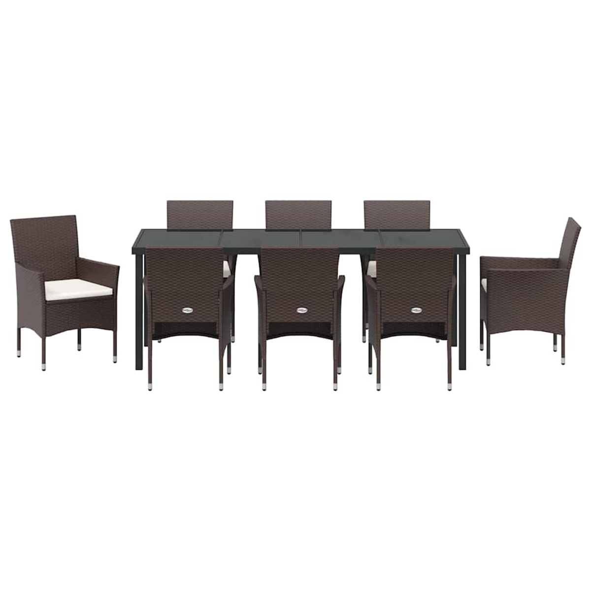 Un set da pranzo in rattan marrone scuro con tavolo rettangolare e sei sedie. Le sedie hanno cuscini bianchi.