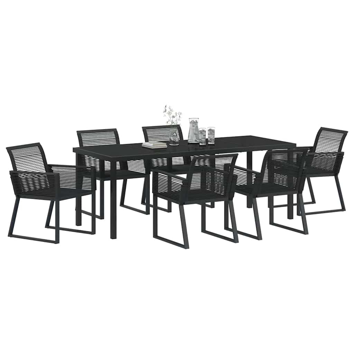 Ein schwarzes Ess-Set für den Außenbereich mit Tisch und sechs Stühlen. Der Tisch hat ein Glas- und Metalldesign. Es gibt Gläser und Dekor.