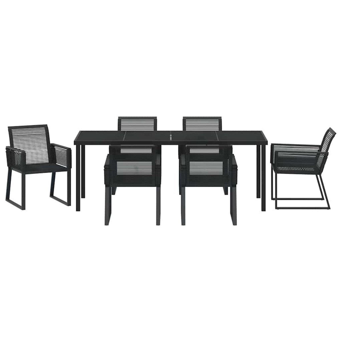 Ein schwarzes Ess-Set für den Außenbereich auf weißem Hintergrund. Es umfasst einen rechteckigen Tisch und sechs Stühle mit Lamellen.