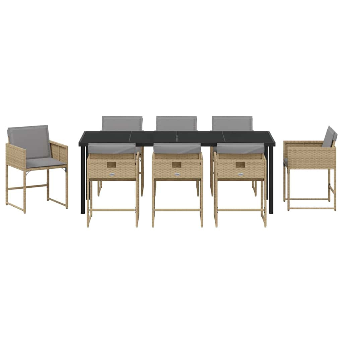 Ein Ess-Set mit einem schwarzen Tisch und 6 Stühlen. Stühle haben graue Kissen und korbähnliche Rahmen.