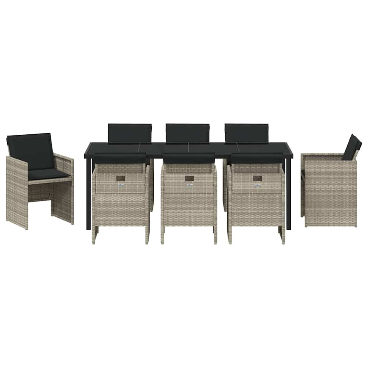 Ein graues Ess-Set für den Außenbereich aus Korbgeflecht. Es umfasst einen langen Tisch, 4 Stühle mit schwarzen Sitzen und 2 Sessel mit schwarzen Kissen.