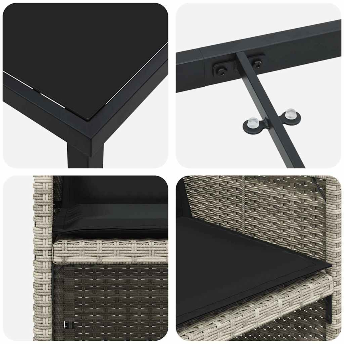 Nahaufnahme von Outdoor-Möbelteilen: Tisch-Ecke, Tischbeine, Stuhlsitz und Stuhldetails. Schwarze Tischplatte und Kissen.