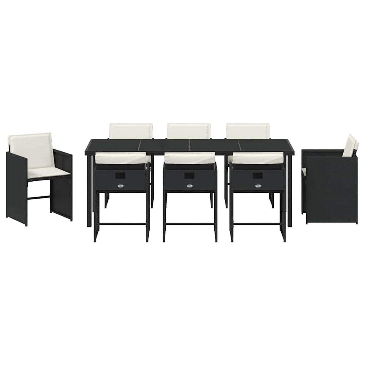 Un moderno set da pranzo per esterni. Include un tavolo nero con sei sedie e due poltrone. Le sedie hanno cuscini bianchi.