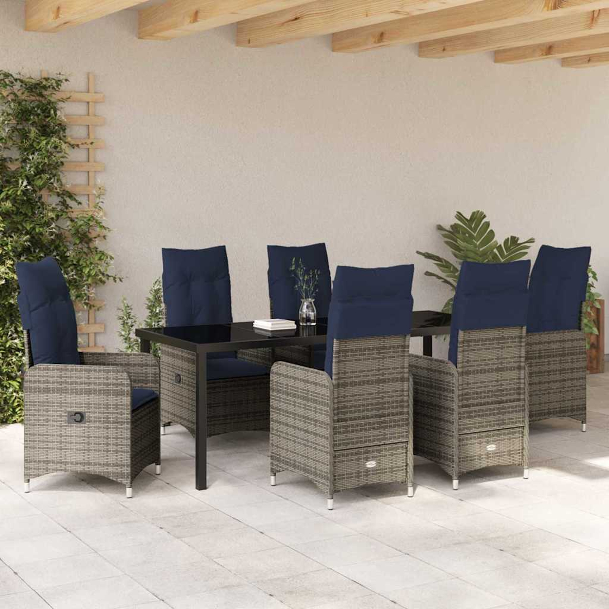 Essgruppe im Freien mit schwarzem Tisch, grauen Korbstühlen mit blauen Kissen und einer Pflanze im Hintergrund.