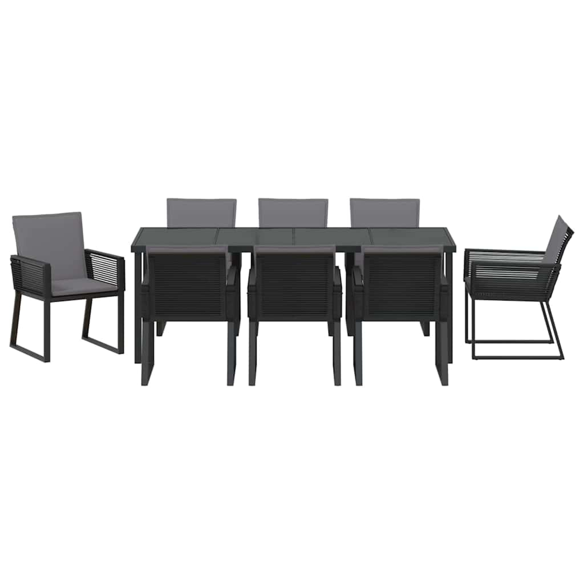 Ein modernes Ess-Set für den Außenbereich. Es hat einen rechteckigen Tisch und sechs Stühle. Die Stühle und der Tisch sind schwarz und grau.
