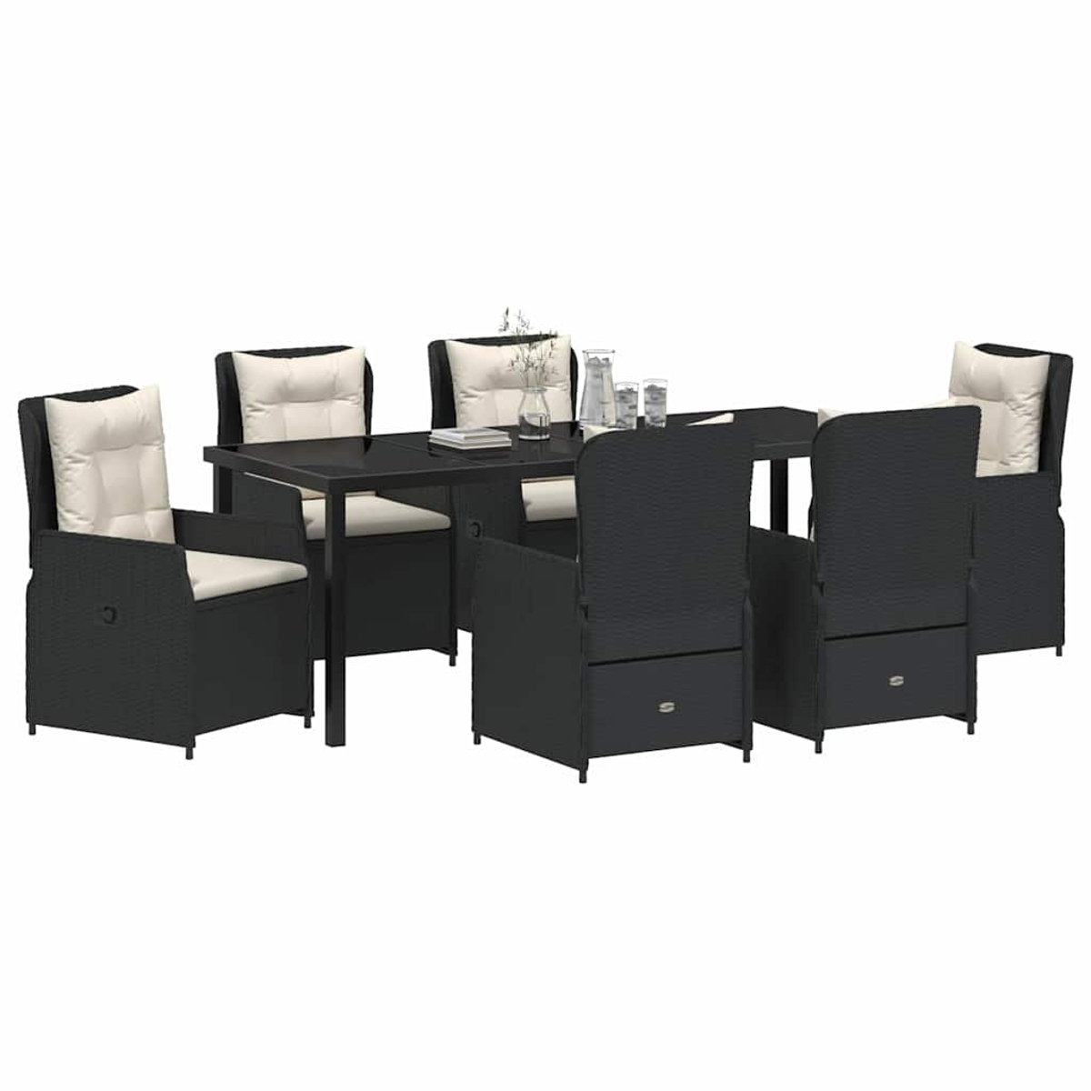 Ein schwarzes Ess-Set für den Außenbereich mit einem rechteckigen Tisch und sechs Stühlen. Stühle haben cremefarbene Kissen.