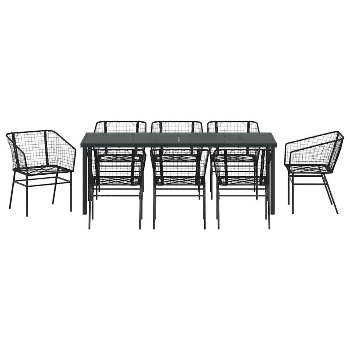 Ein schwarzes Metall-Ess-Set mit einem rechteckigen Tisch und sechs Drahtstühlen auf weißem Hintergrund. Zwei Sessel sind an den Seiten.