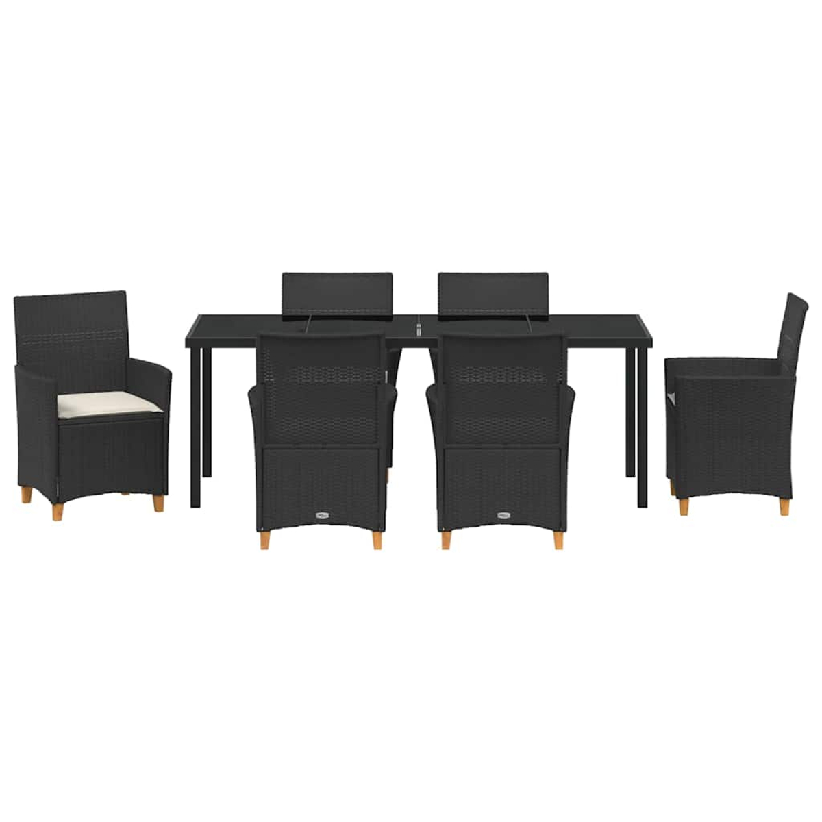 Ein schwarzes Ess-Set für den Außenbereich mit einem Tisch und sechs Stühlen. Die Stühle sind gewebt und haben beige Kissen.