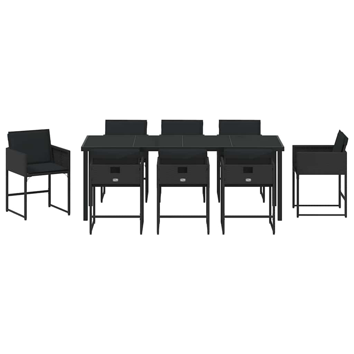 Ein schwarzes Ess-Set für den Außenbereich auf weißem Hintergrund. Es umfasst einen Tisch und Stühle. Die Stühle haben Kissen.