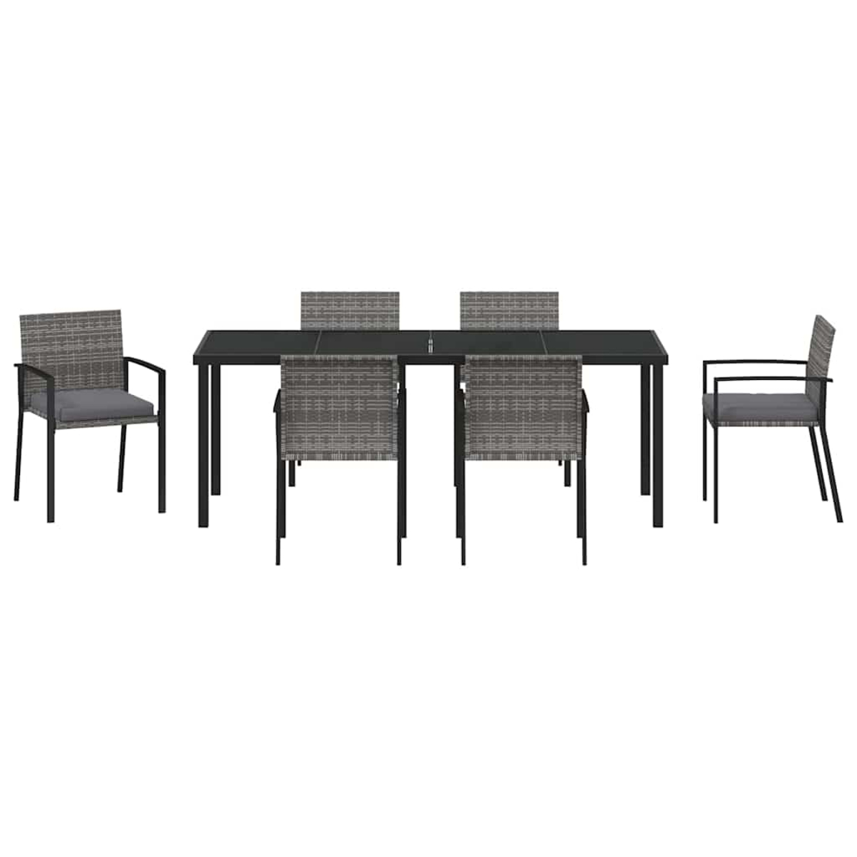 Ein Esszimmerset mit einem rechteckigen Tisch und sechs Stühlen. Die Stühle haben graue Kissen und ein gewebtes Design. Der Tisch hat schwarze Beine.