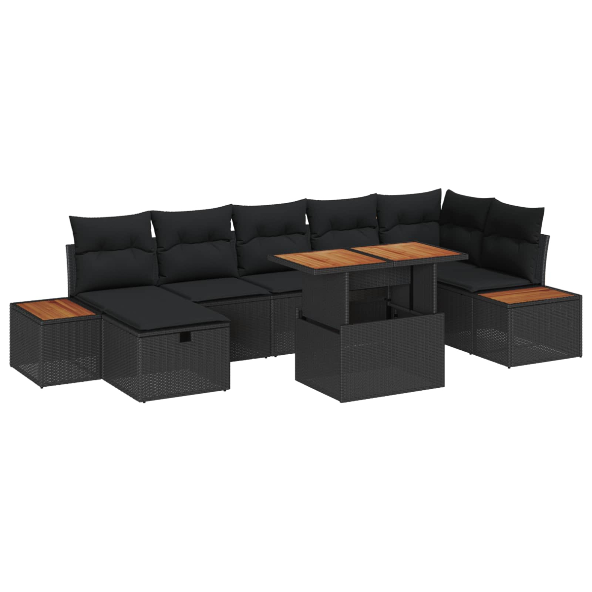 Schwarzes Outdoor-Ecksofa aus Korbgeflecht mit schwarzen Kissen und Holztischplatten. Enthält einen Couchtisch mit Hubtisch.