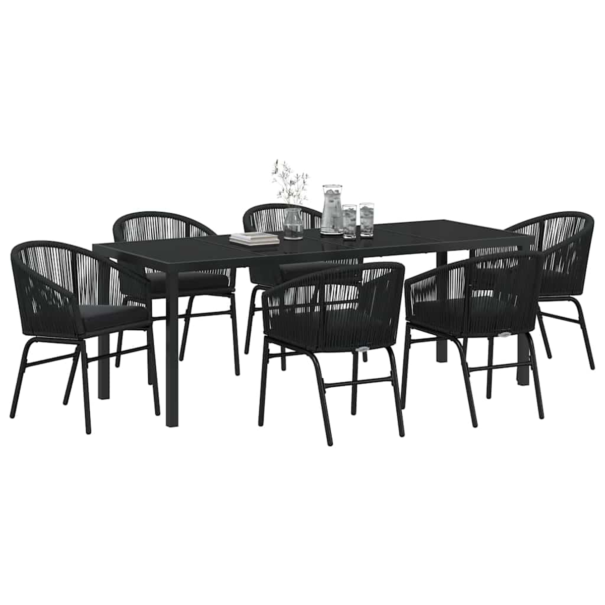 Ein schwarzes Ess-Set für den Außenbereich mit sechs Stühlen und einem rechteckigen Tisch. Auf dem Tisch stehen Gläser und eine Kanne.