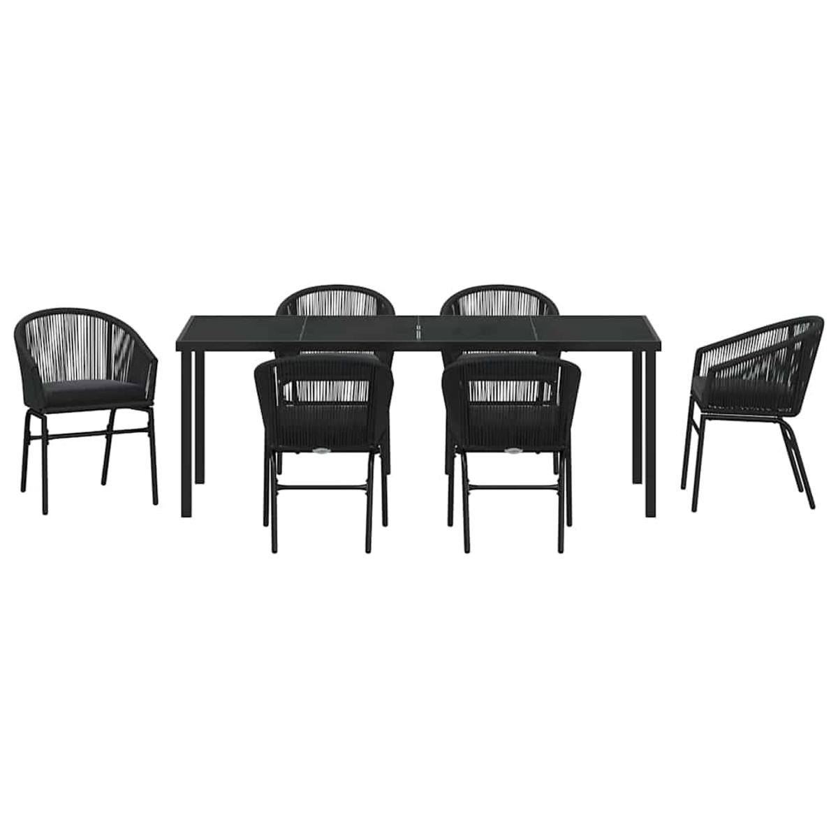 Ein schwarzes Ess-Set für draußen auf weißem Hintergrund. Es umfasst einen rechteckigen Tisch und sechs Stühle mit gewebten Rückenlehnen und Kissen.