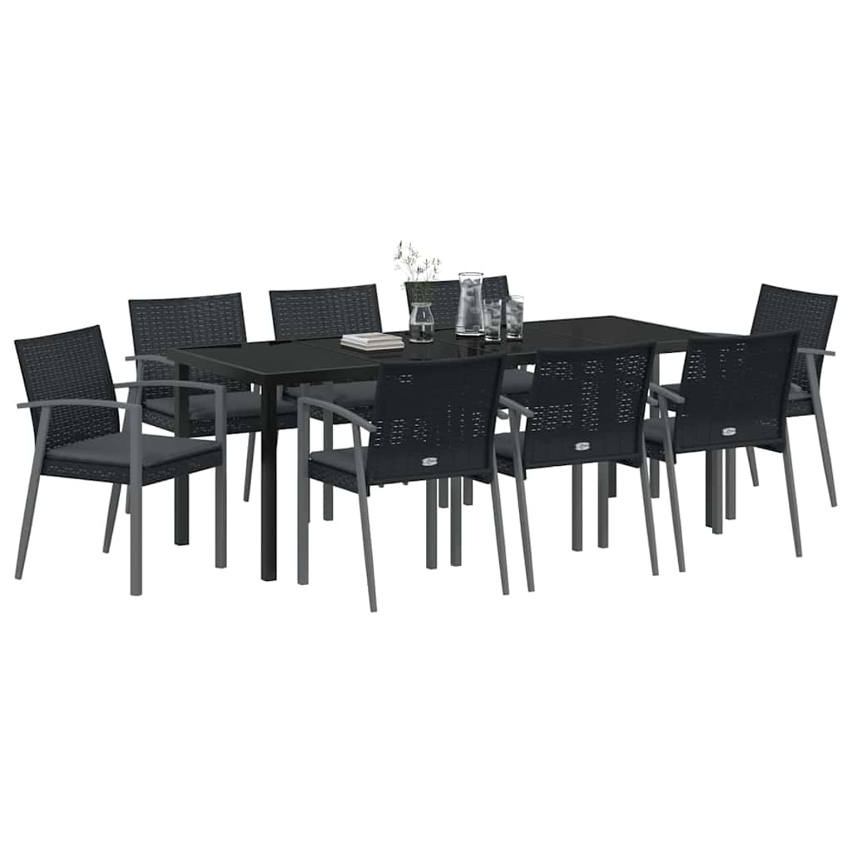 Ein schwarzes Esszimmer-Set für den Außenbereich mit einem rechteckigen Tisch und acht Stühlen. Gläser und eine Vase stehen auf dem Tisch.