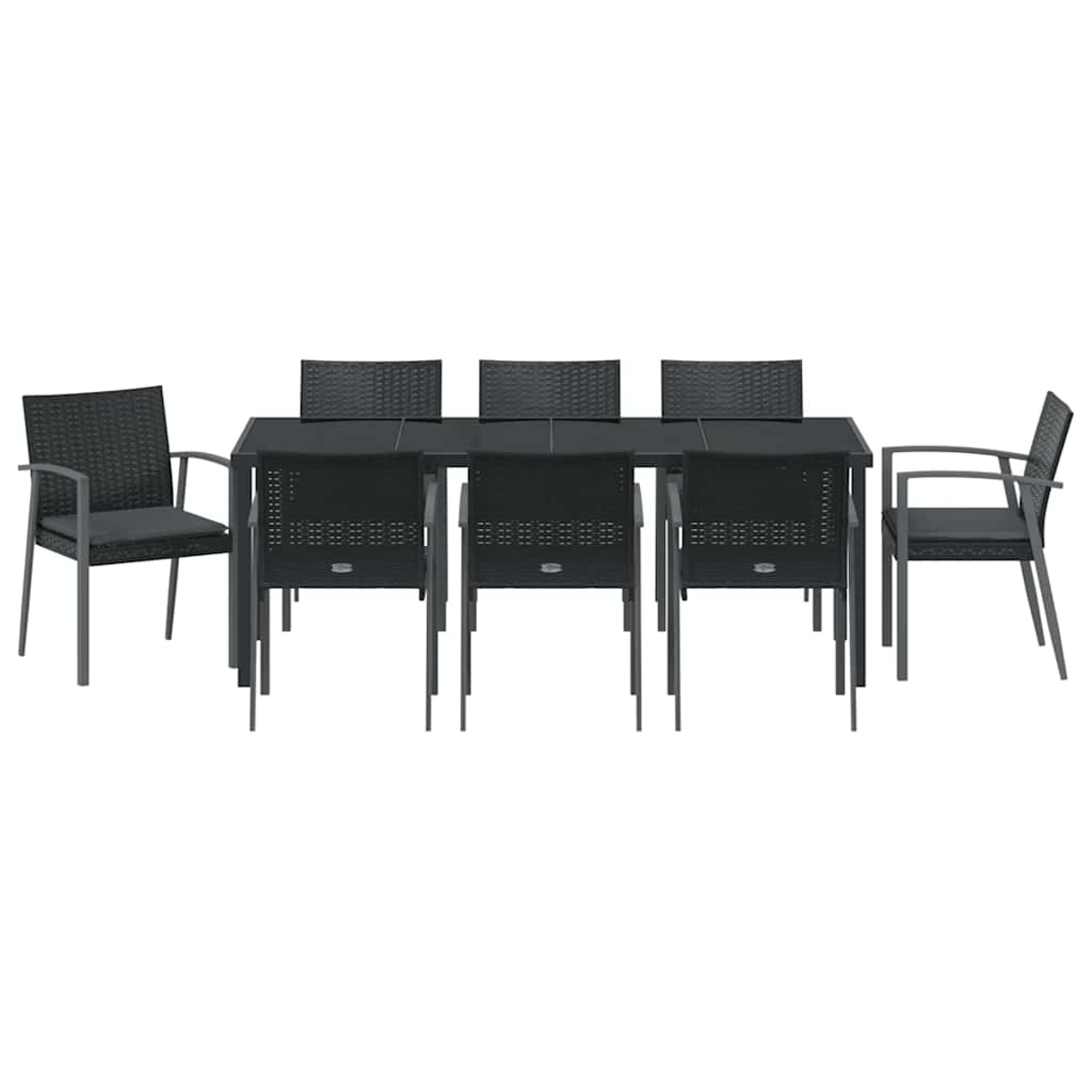 Ein dunkles Ess-Set für den Außenbereich mit einem rechteckigen Tisch und sechs Stühlen. Die Stühle und der Tisch sind schwarz.
