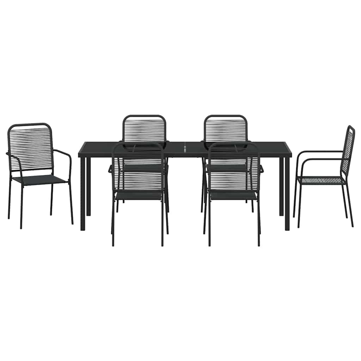 Ein schwarzes Ess-Set für den Außenbereich auf weißem Hintergrund. Es umfasst einen rechteckigen Tisch und sechs passende Stühle.
