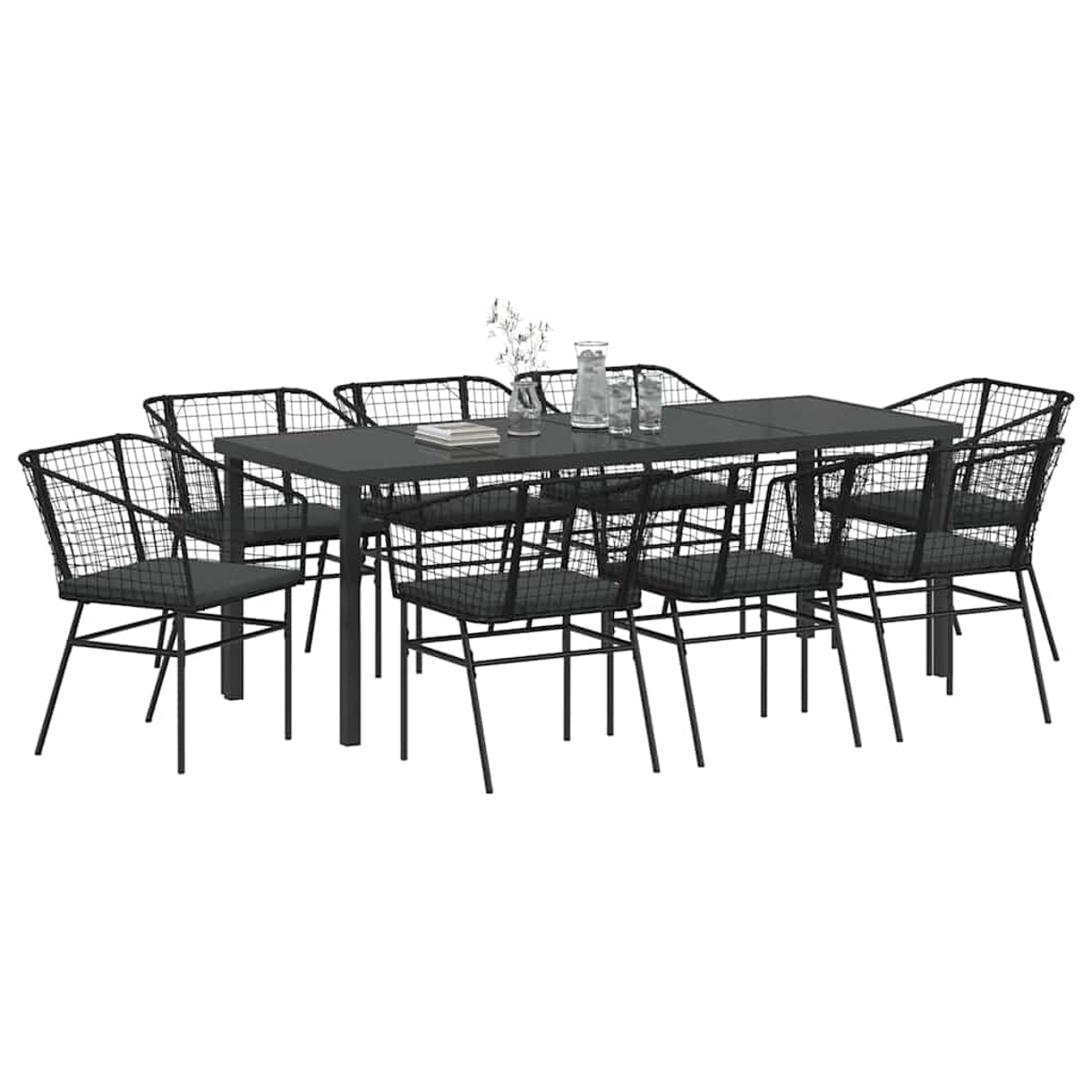 Ein schwarzes Metall-Tisch- und Stuhlset. Der Tisch hat eine rechteckige Oberfläche, umgeben von acht Stühlen mit Kissen und Drahtlehnen.