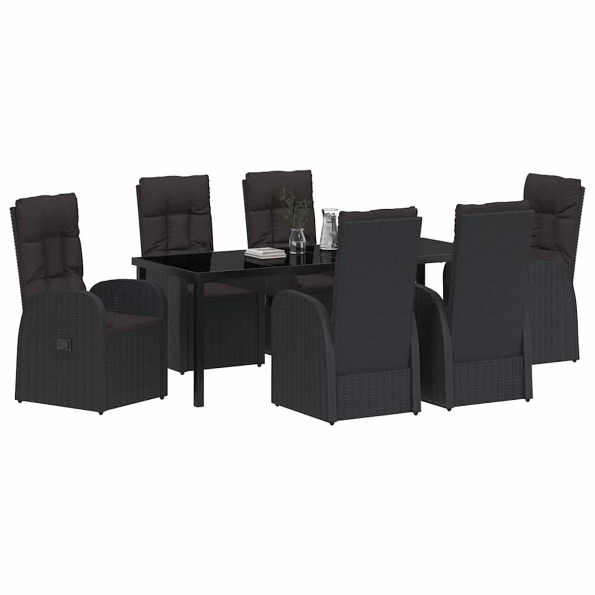 Ein schwarzes Ess-Set für den Außenbereich mit Tisch und sechs Stühlen. Die Stühle haben Kissen. Eine Vase und Bücher stehen auf dem Tisch.