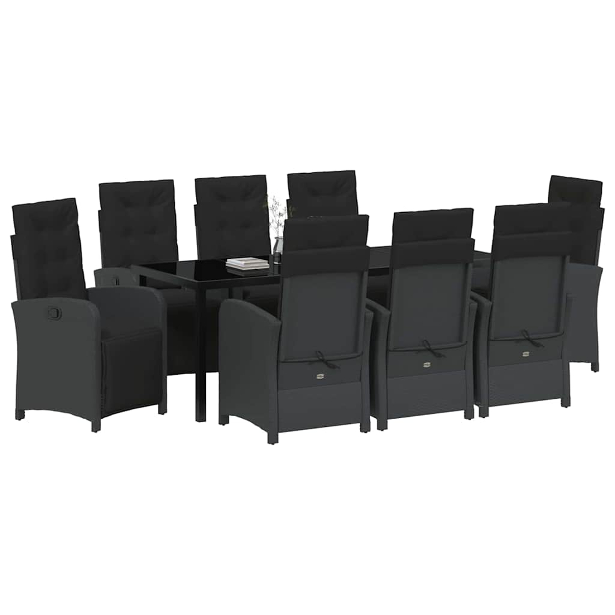 Ein dunkelgraues Ess-Set für den Außenbereich mit einem rechteckigen Tisch und zehn Stühlen. Die Stühle sind um den Tisch angeordnet.