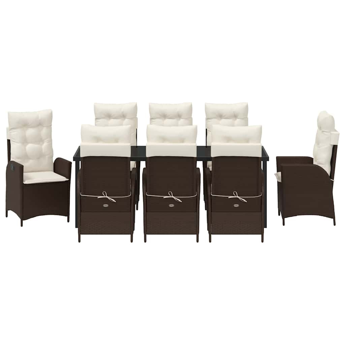 Essgruppe mit dunklem Tisch und Stühlen. Die Stühle sind braun geflochten mit cremefarbenen Kissen. Das Set steht auf weißem Hintergrund.