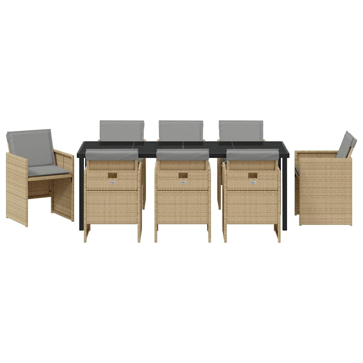Essgruppe für den Außenbereich: ein rechteckiger schwarzer Tisch mit sechs Stühlen. Stühle sind beige gewebt mit grauen Kissen. Zwei Sessel.