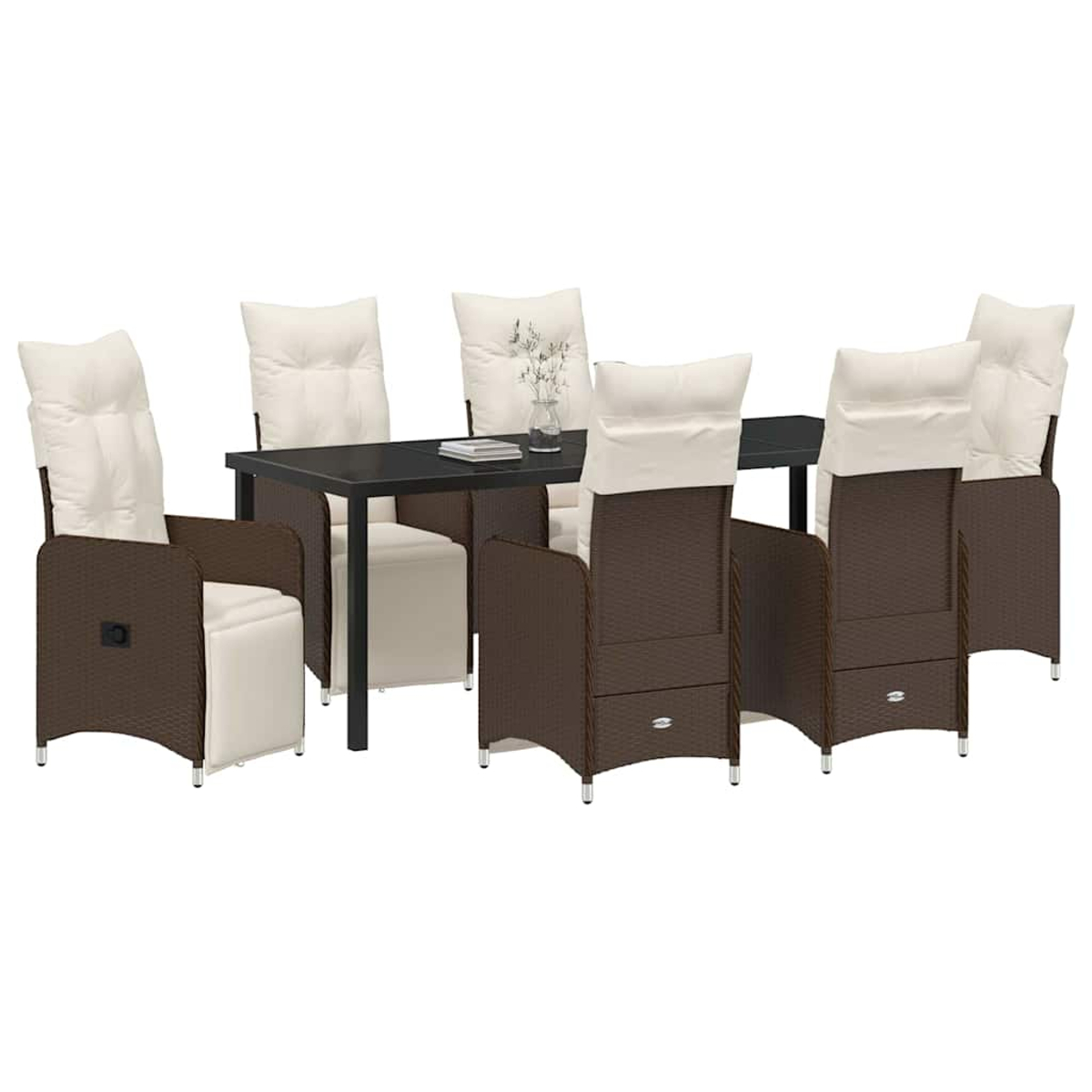Essgruppe mit schwarzem Tisch und sechs Stühlen. Die Stühle sind braun gewebt mit cremefarbenen Kissen.