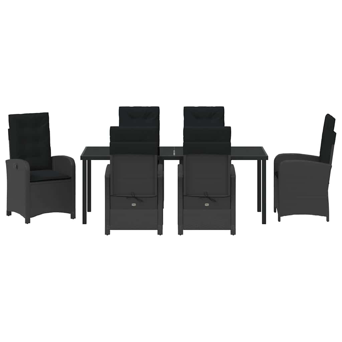 Schwarzes Ess-Set für draußen auf weißem Grund. Es enthält einen Tisch und Stühle. Die Stühle haben Kissen.