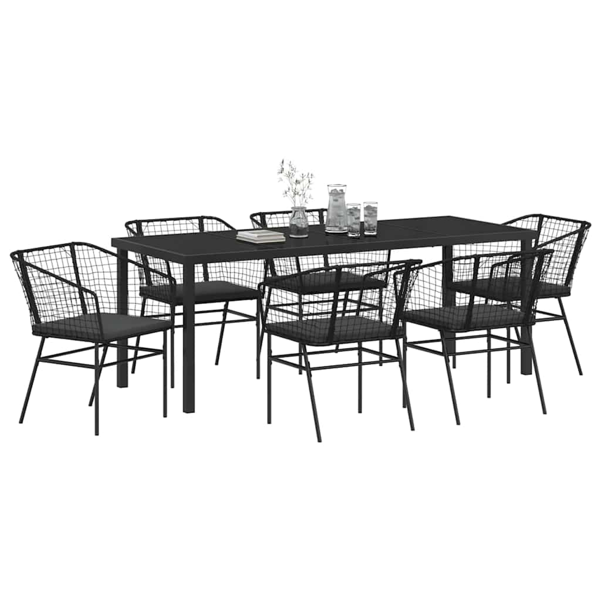 Ein schwarzes Ess-Set für den Außenbereich mit einem rechteckigen Tisch und sechs Drahtstühlen. Tisch hat Vase und Gläser.
