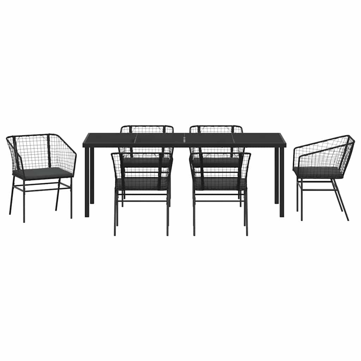 Ein schwarzer Tisch mit sechs passenden Stühlen. Die Stühle haben Drahtgeflechtlehnen und Sitze mit schwarzen Kissen. Der Hintergrund ist weiß.
