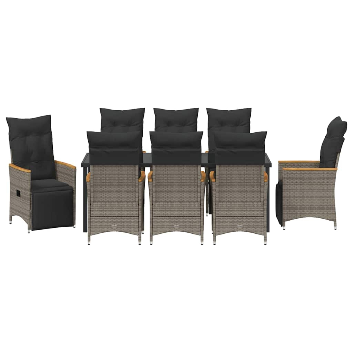 Essgruppe für draußen mit Tisch und Stühlen. Korbstühle mit schwarzen Kissen umrunden einen schwarzen Tisch vor weißem Hintergrund.