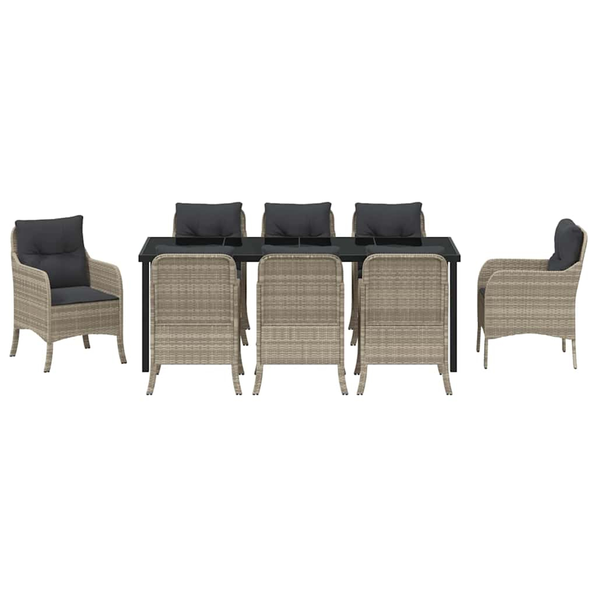 Ein Esszimmerset mit einem schwarzen Tisch, sechs Stühlen und zwei Sesseln. Stühle und Sessel haben gewebte Rücken und schwarze Kissen.