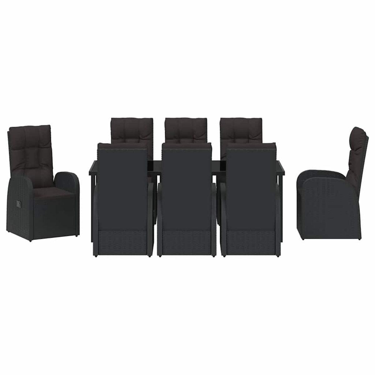 Ein dunkles Esszimmer-Set für den Außenbereich. Es umfasst einen Tisch mit sechs Stühlen und zwei Sesseln, alles in dunklen Tönen. Der Hintergrund ist weiß.