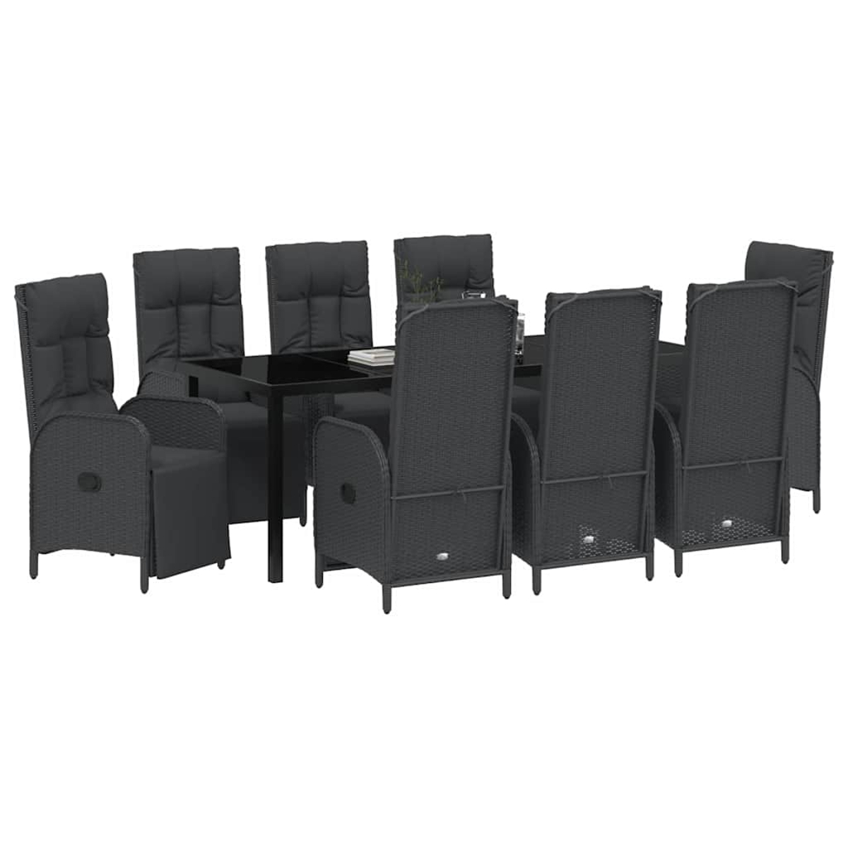 Ein dunkelgraues Esszimmer-Set mit einem rechteckigen Tisch und acht passenden Stühlen. Kissen sind auf den Stühlen sichtbar.