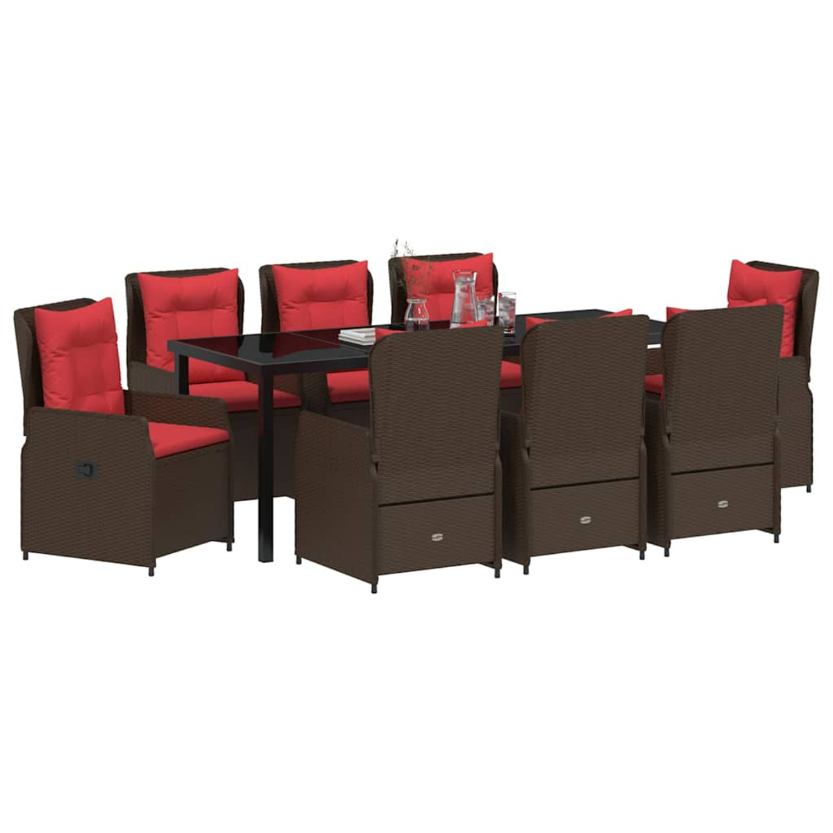 Ein braunes Outdoor-Ess-Set aus Korbgeflecht mit schwarzem Tisch und roten Kissen. Enthält Stühle, Tisch und Gläser.