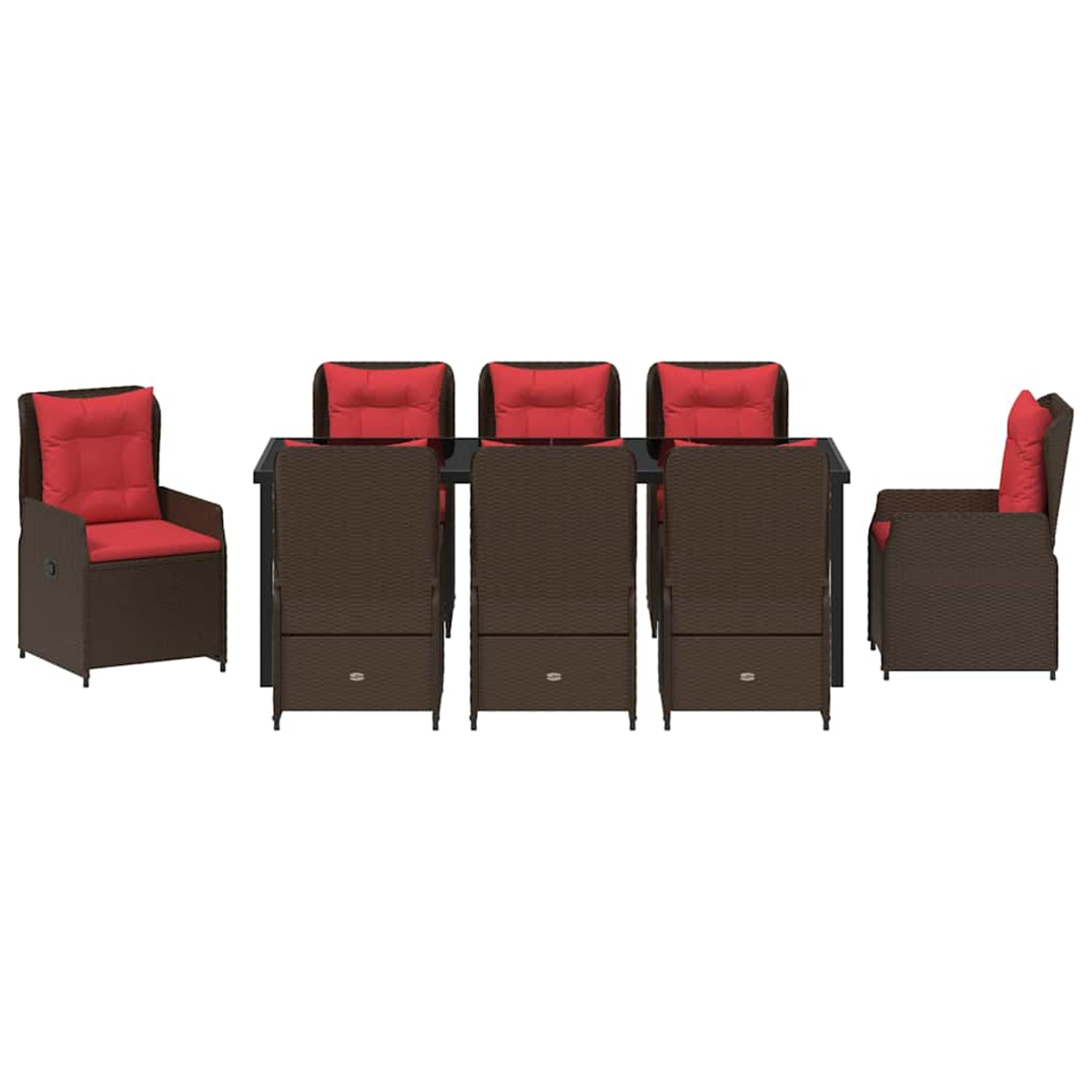 Ein Esszimmerset mit einem dunklen Tisch, sechs Stühlen mit roten Kissen und zwei Sesseln. Die Möbel haben ein gewebtes braunes Design.