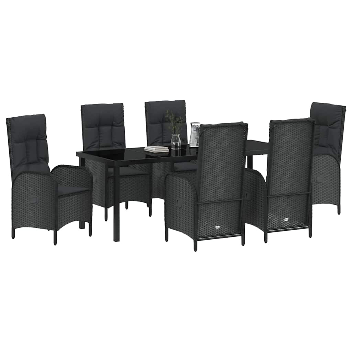 Ein schwarzes Ess-Set für den Außenbereich mit einem rechteckigen Tisch und sechs Stühlen. Stühle haben Kissen. Eine Vase und Bücher stehen auf dem Tisch.