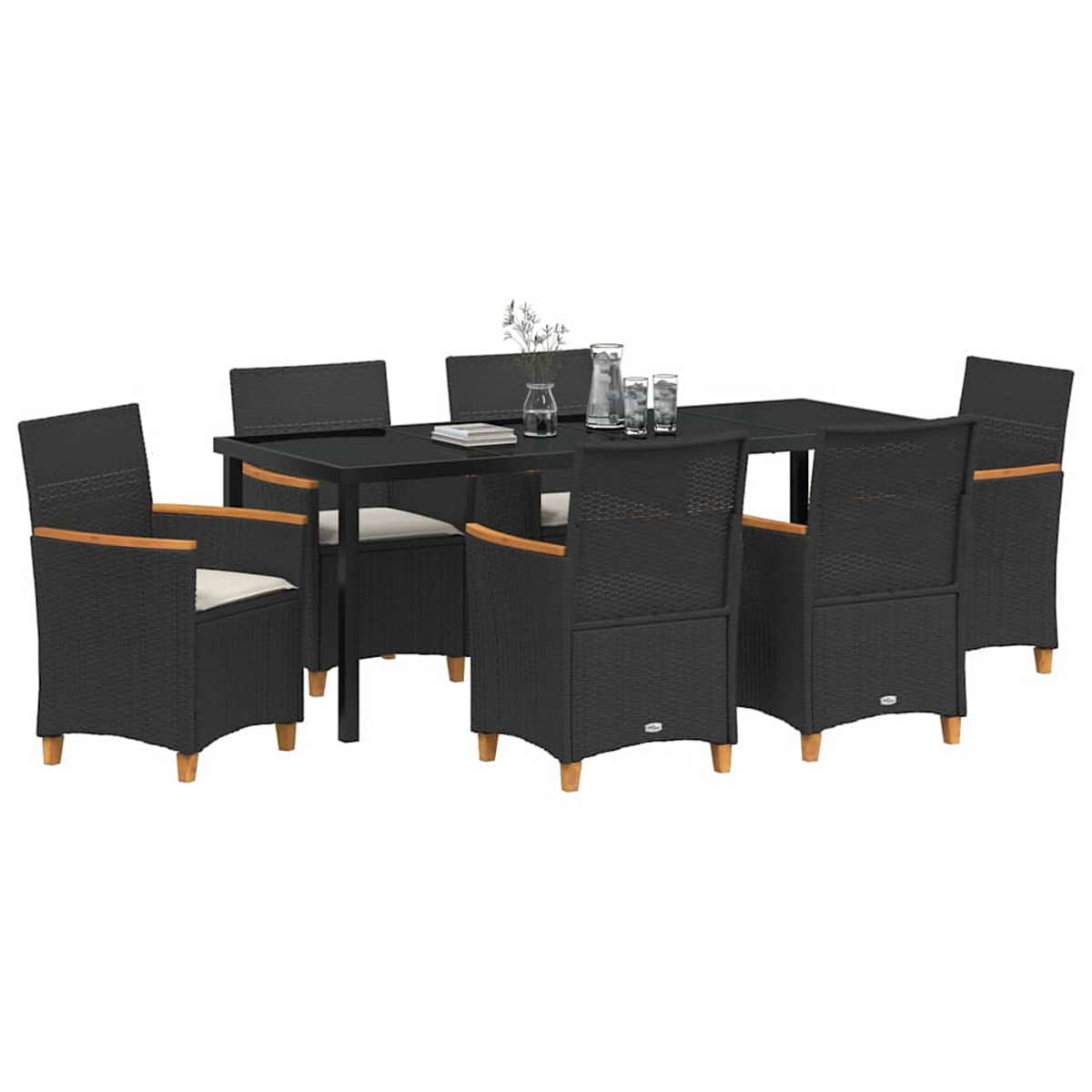 Ein schwarzes Ess-Set für den Außenbereich mit sechs Stühlen um einen rechteckigen Tisch. Auf dem Tisch stehen Gläser und eine kleine Vase.