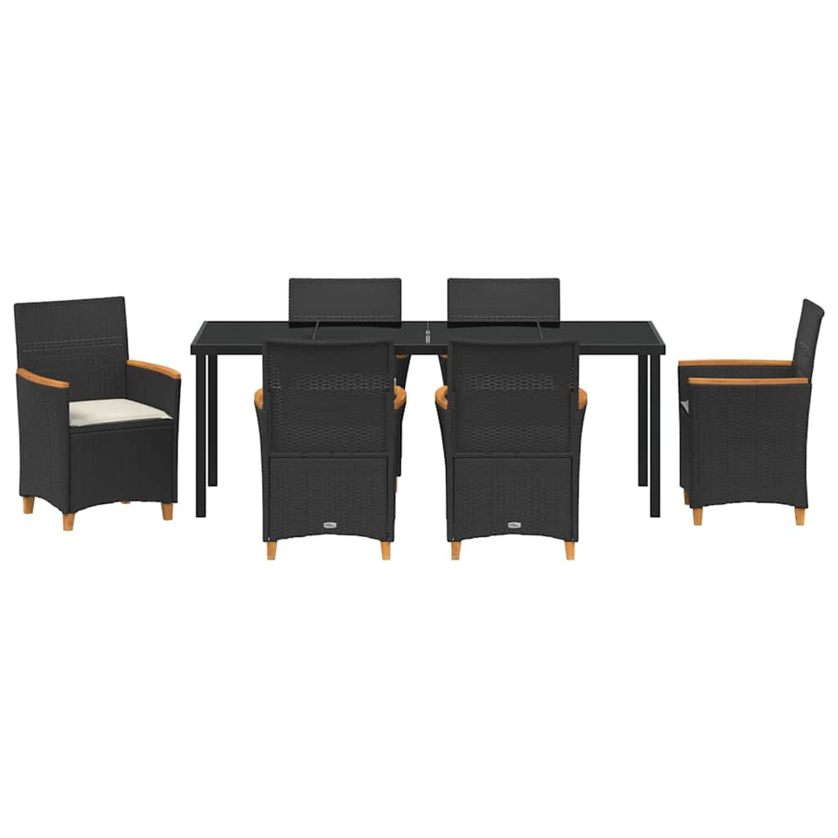 Ein schwarzes Esszimmer-Set für den Außenbereich mit Tisch und sechs Stühlen. Die Stühle haben Holzarmlehnen, der Tisch ist rechteckig.