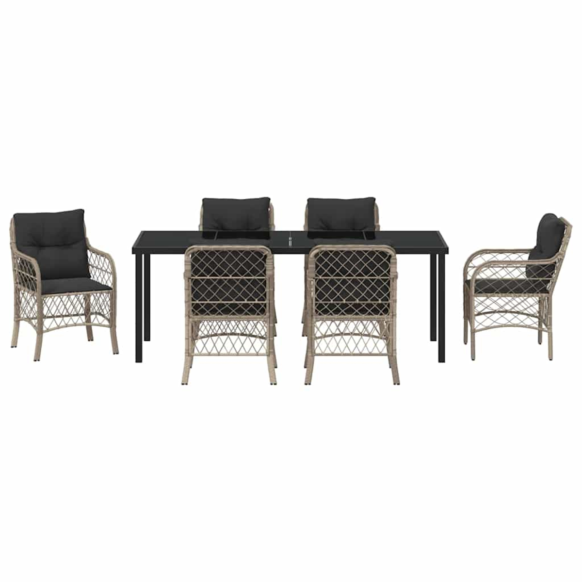 Ein Esszimmerset mit einem schwarzen Tisch und sechs Stühlen mit schwarzen Kissen. Die Stühle sind um den Tisch angeordnet.