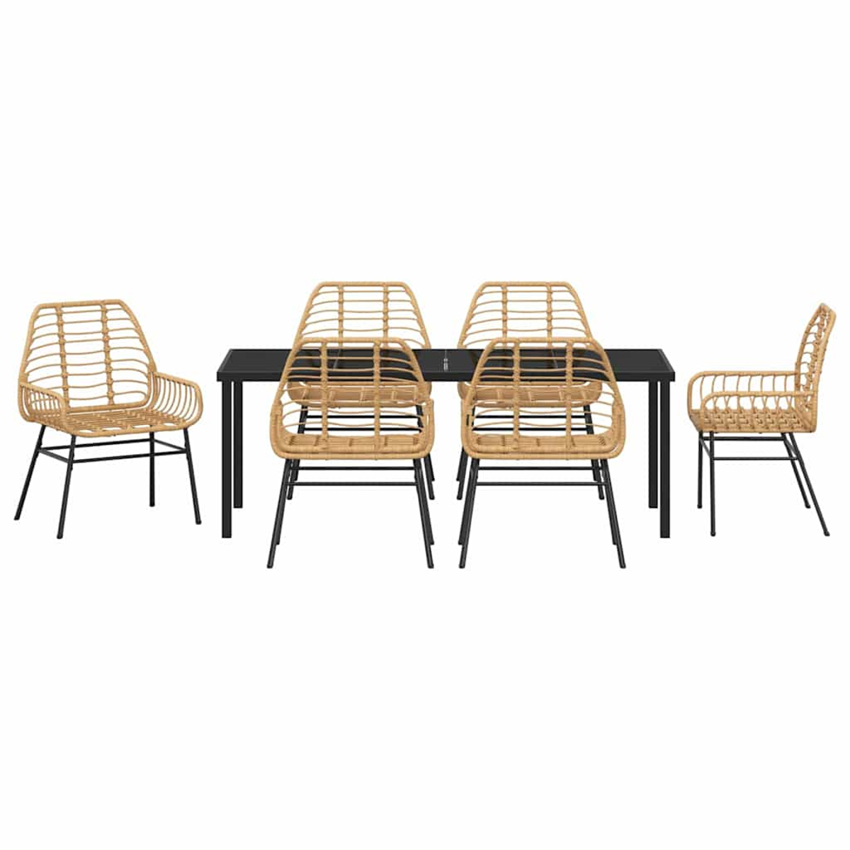 Ein Esstisch mit einem schwarzen Tisch und sechs Rattanstühlen mit schwarzen Metallbeinen vor weißem Hintergrund.