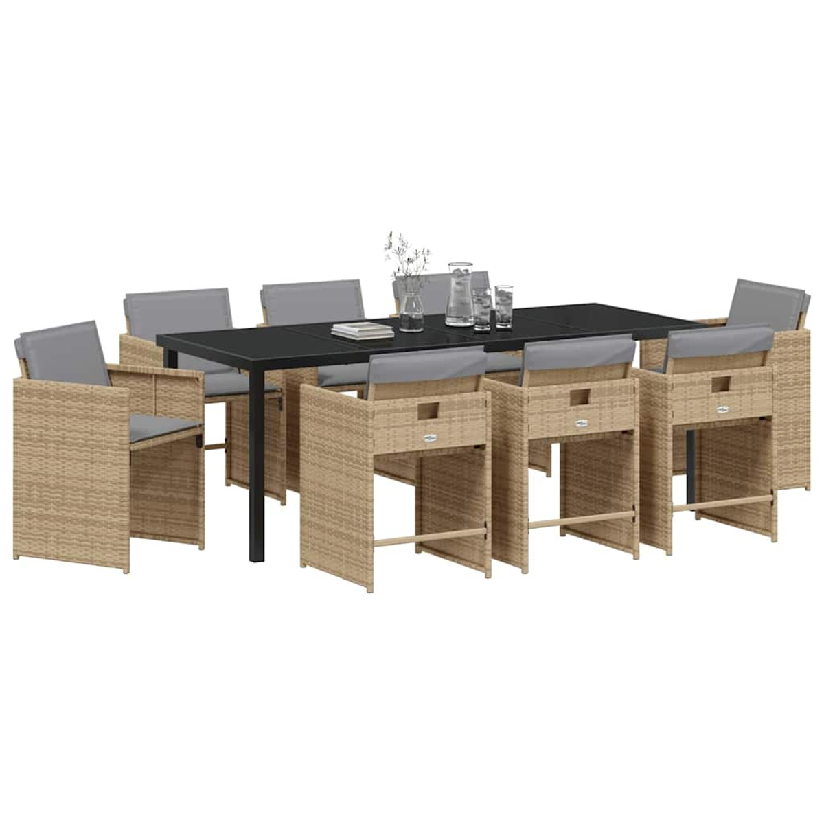 Ein Ess-Set mit einem schwarzen Tisch, 8 Stühlen mit grauen Kissen und Dekorationsartikeln auf dem Tisch, alles auf weißem Hintergrund.