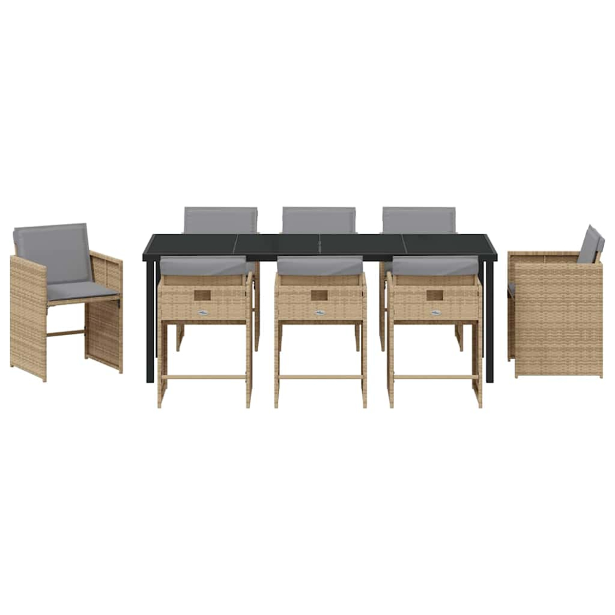 Ein Ess-Set mit einem schwarzen Tisch, sechs Stühlen mit grauen Kissen und vier Stühlen im Korbstil. Das Set befindet sich auf weißem Hintergrund.